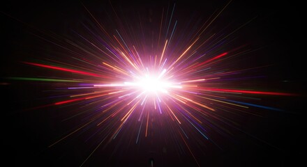 Naklejka premium Bright Starburst Radiating Colorful Light Streaks on Black