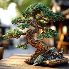 Beaded Bonsai Tree Display On Wooden Table