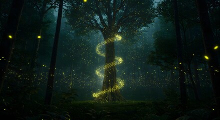 Mystical Forest Spiraling Light Around Ancient Tree in Enchanted Woods at Night