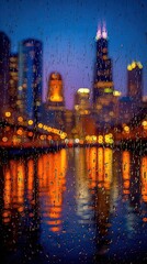 Obraz premium Rainy Night Cityscape Through Wet Window
