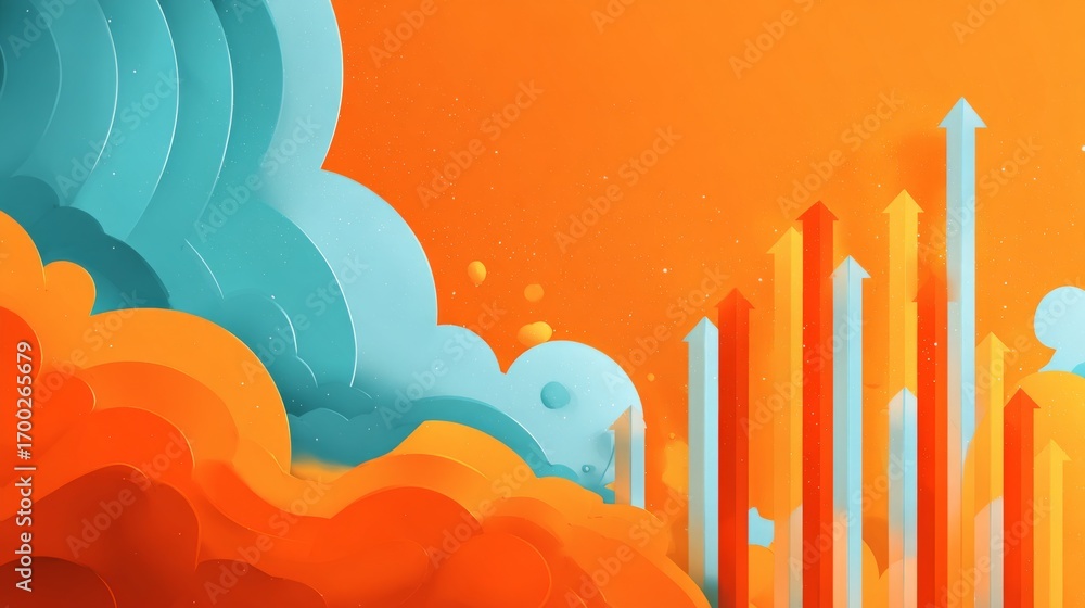 Poster vibrant orange and aqua abstract background with rising arrows and dynamic design for business and s