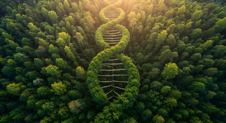 Conceptual art of a lush green forest from an aerial view, with trees forming the shape of a DNA double helix, symbolizing life's genetic code