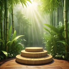 Serene bamboo forest podium bathed in golden sunlight rays for product display