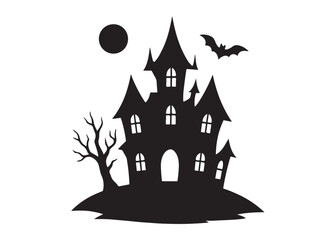halloween hunted house logo silhouette vector, hunted house silhouette vector art illustration, black haunted house , haunted house full moon night logo silhouettes vector on white background. 