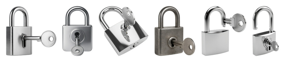 Naklejka premium Metal padlock set including locked, unlocked, open, and key inserted variations isolated. Security, access, and data protection concepts.