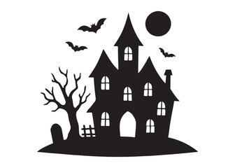 halloween hunted house logo silhouette vector, hunted house silhouette vector art illustration, black haunted house , haunted house full moon night logo silhouettes vector on white background. 