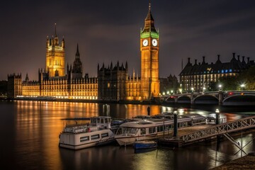 Obraz premium Night scene of Big Ben illuminated with warm lights, Houses of Parliament glowing in the background,
