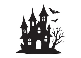 halloween hunted house logo silhouette vector, hunted house silhouette vector art illustration, black haunted house , haunted house full moon night logo silhouettes vector on white background. 