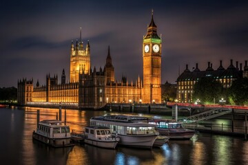 Fototapeta premium Night scene of Big Ben illuminated with warm lights, Houses of Parliament glowing in the background,