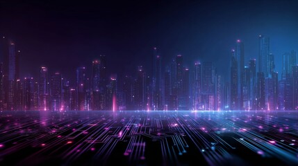 Futuristic Neon Cityscape with Glowing Circuit Patterns and Digital Aesthetic