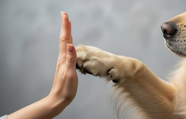 Golden Retriever donne la patte &agrave; sa ma&icirc;tresse en studio