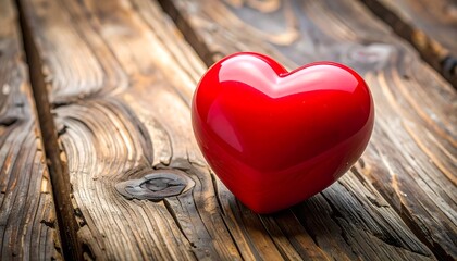 Fototapeta premium A polished, vibrant red heart rests upon a weathered wooden surface, evoking a sense of warmth and love.