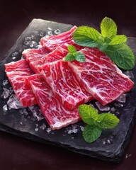 Sliced Raw Beef On Ice With Mint