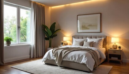 Fototapeta premium Serene and sophisticated mommy bedroom interior design Soft lighting, plush textiles, and calming decor create a relaxing sanctuary Perfect for a peaceful night's rest , spa-like, pillows, design