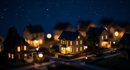 Fototapeta premium Miniature neighborhood scene with illuminated homes under a starry night
