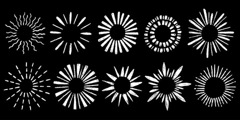 Chalk Sunburst Graphic Set. Scribble Pencil Sun Burst Ray Firework. Doodle Vector Illustration