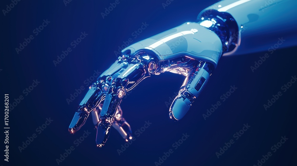 Poster futuristic robotic hand design showcasing advanced technology and artificial intelligence in a sleek