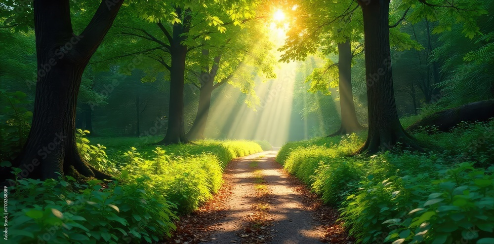 Poster sun-dappled path winding through a lush green forest, leaves dappling the ground, creating a magical