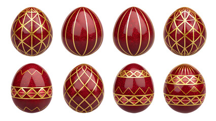 Ruby & Gold Royal Easter Eggs PNG Set &ndash;  Luxury Decorative Eggs with Gemstone Red and Golden Patterns, Transparent Background, No Shadows