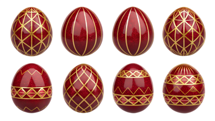Ruby & Gold Royal Easter Eggs PNG Set –  Luxury Decorative Eggs with Gemstone Red and Golden Patterns, Transparent Background, No Shadows