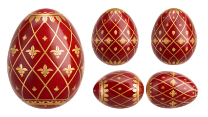 Ruby & Gold Royal Easter Eggs PNG Set –  Luxury Decorative Eggs with Gemstone Red and Golden Patterns, Transparent Background, No Shadows