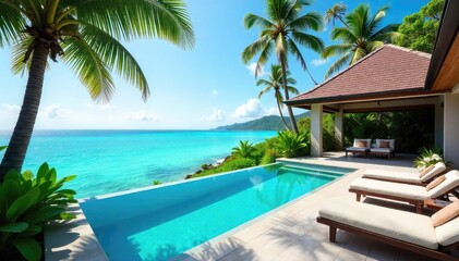 Fototapeta premium Sun-drenched private villa overlooking a turquoise ocean, infinity pool sparkling, lush tropical foliage framing the scene Perfect escape, ultimate relaxation , luxury resort, sun