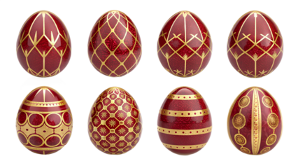 Ruby & Gold Royal Easter Eggs PNG Set –  Luxury Decorative Eggs with Gemstone Red and Golden Patterns, Transparent Background, No Shadows