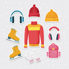 Winter clothing illustration sticker with sweater red scarf pink headphones yellow boots
