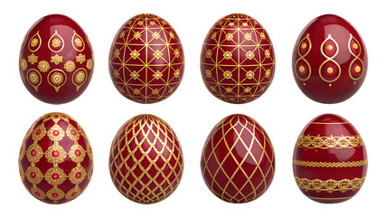 Ruby & Gold Royal Easter Eggs PNG Set &ndash;  Luxury Decorative Eggs with Gemstone Red and Golden Patterns, Transparent Background, No Shadows