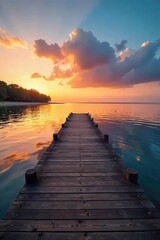 Obraz premium Tranquil scene of a wooden dock extending into calm waters, meeting a serene shoreline at sunset Perfect for travel, nature, and relaxation themes , peaceful, twilight, wood