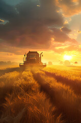 Fototapeta premium Group of harvesters harvesting ripe wheat field in autumn with sunset. Concept of agriculture, agronomy and crop collection.