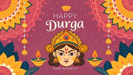 Navratri Background vector illustration. Maa Durga with copy space on red pattern background