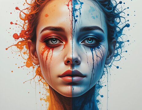 Expressive portrait of a woman with split face paint, one side fiery orange, the other cool blue.