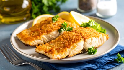 Crispy breaded fish fillets on a plate with lemon and herbs