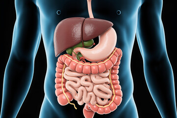 full 3d model of the human digestive system showing stomach intestines liver and other organs for medical study education and healthcare awareness on digestion process and anatomy