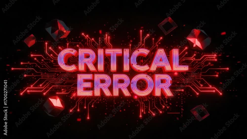 Poster critical error illuminated in red on black background, showing glitch effect. critical error message