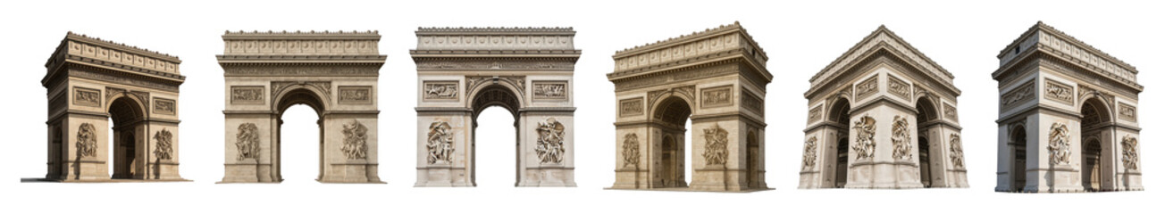 Obraz premium Arc de Triomphe set including multiple angles, perspectives, and detailed views isolated. Iconic Parisian landmark for design projects.