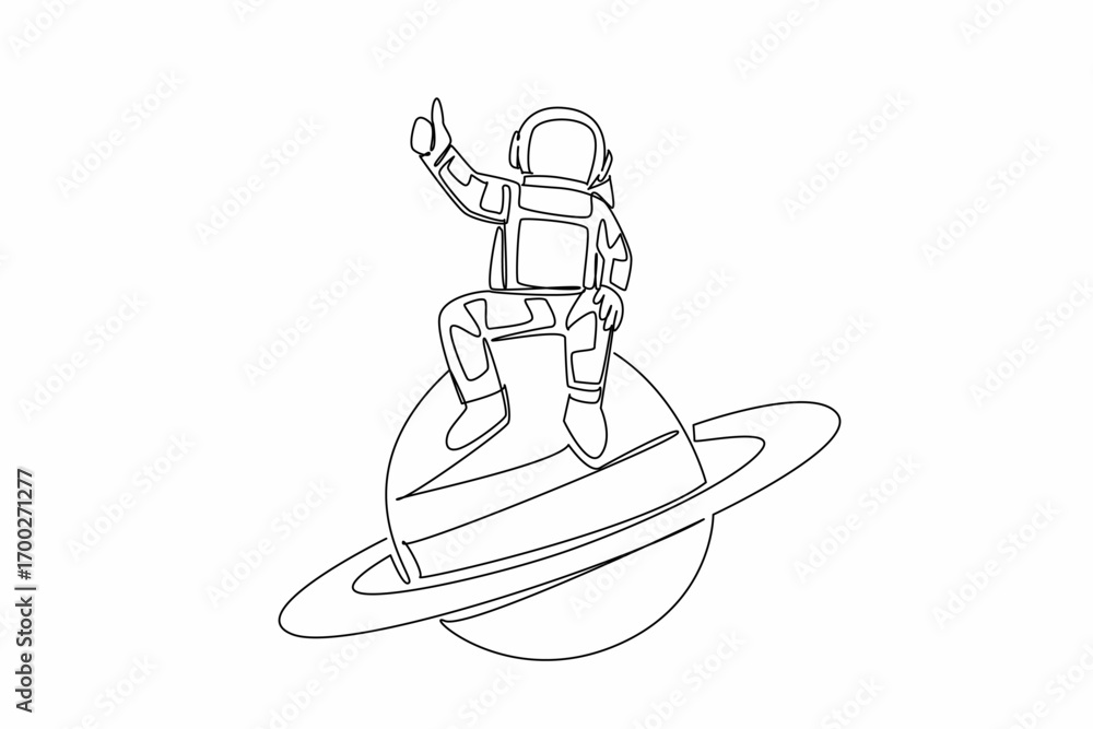 Poster single continuous line drawing the astronaut sitting on planet saturn while his fingers form a thumb