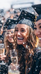 Graduate laughing with friends, close-up faces in focus, holding champagne glasses, confetti falling