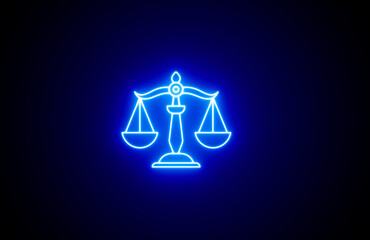 Neon glowing blue color legal and justice icon on black background. Neon 3d law legal scale courthouse. Bright Justice scales icon of law equality fairness balance judgment legal court decision.