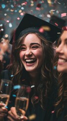Graduate laughing with friends, close-up faces in focus, holding champagne glasses, confetti falling