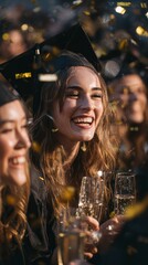 Graduate laughing with friends, close-up faces in focus, holding champagne glasses, confetti falling