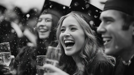 Graduate laughing with friends, close-up faces in focus, holding champagne glasses, confetti falling