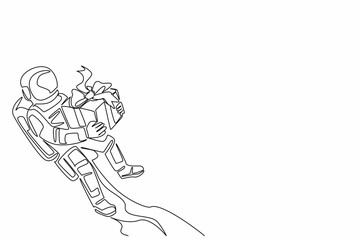 Continuous one line drawing astronaut flying using jetpack and holding gift box. Technology that makes human life easier. A memory. National Astronaut Day. Single line draw design vector illustration