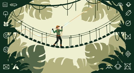 Adventurer crossing rope bridge in jungle illustration with graphical elements