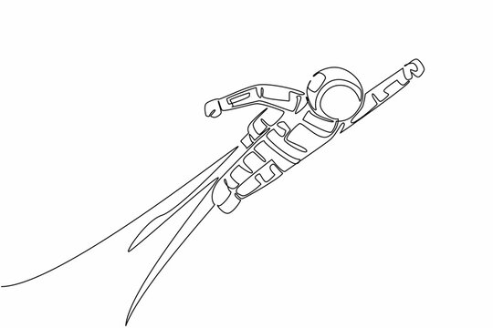 Single one line drawing astronaut flying using jetpack. Technology that makes things easier. Collecting data faster. The cosmonaut. National Astronaut Day. Continuous line design graphic illustration