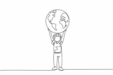 Continuous one line drawing boy lifting big globe. Respect rights of children, their world should be full of joy. Treat it as it should be. Day of Children. Single line draw design vector illustration
