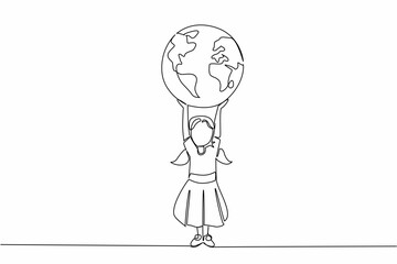 Single one line drawing a girl holds up a large globe. The world is more colorful without violence against girls. Protect her rights. Day of Children. Continuous line design graphic illustration