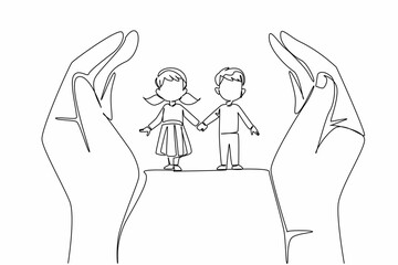 Continuous one line drawing adult hands are bent and a boy and a girl are holding hands in the middle. Symbolism of protecting children. Day of Children. Single line draw design vector illustration
