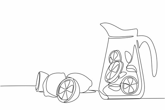 Single continuous line drawing lemonade in glass jug or pitcher. Cold drinks prevent dehydration. Summer is still refreshing. Infused water. National Lemonade Day. One line design vector illustration